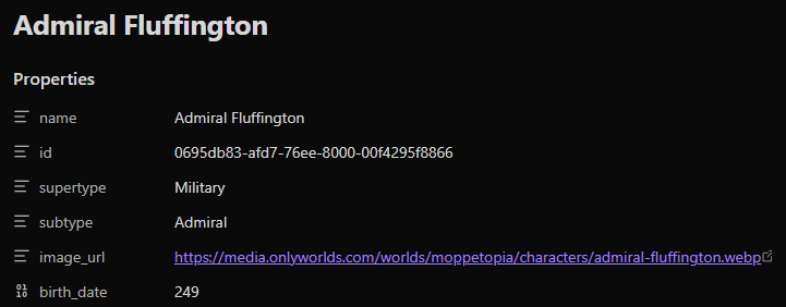 Admiral Fluffington as a note in Obsidian, with his fields as properties: name, id, supertype Military, subtype Admiral, image_url, birth_date 249.