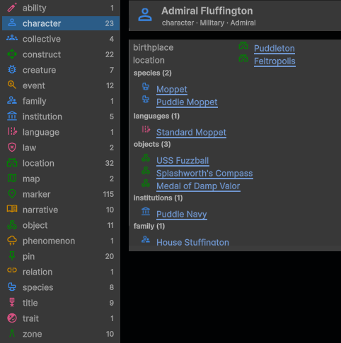 Three cuts from the Unity SDK's World Browser: Moppetopia's categories, Admiral Fluffington's header, and his links to places, species, objects and the Puddle Navy.