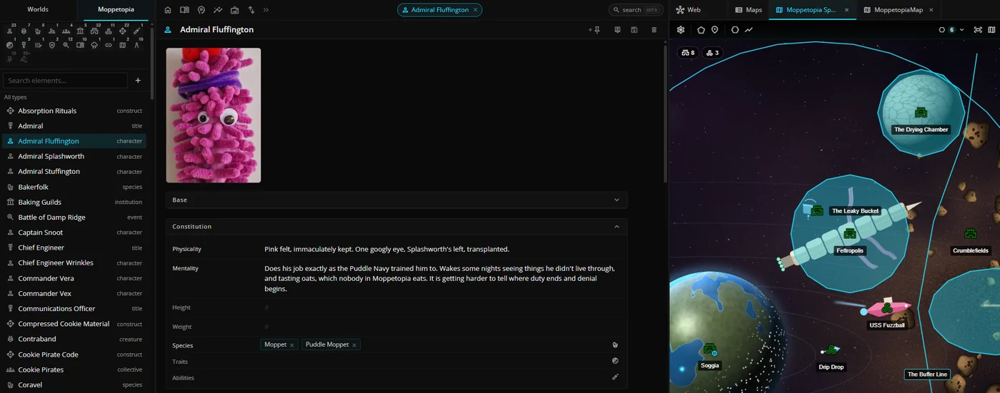 Atlas showing Admiral Fluffington's page beside Moppetopia's space map